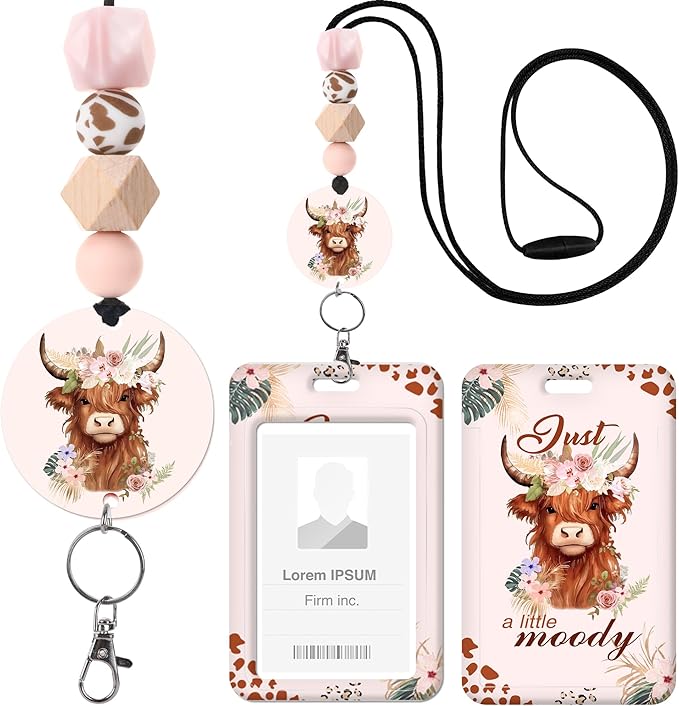 Highland Cow ID Badge Holder with Lanyard, Just a Little Moody Funny Badge Holder with Beaded Adjustable Lanyard, Gifts for Teachers Students Office Workers
