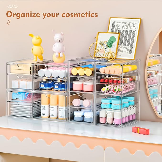22 Drawers, Acrylic Desk Makeup Organizer, Plastic Drawers Organizer, Stackable Storage Solution for Makeup, Dresser, Office, Bathroom Clear Plastic Craft and Bead Storage Cabinet