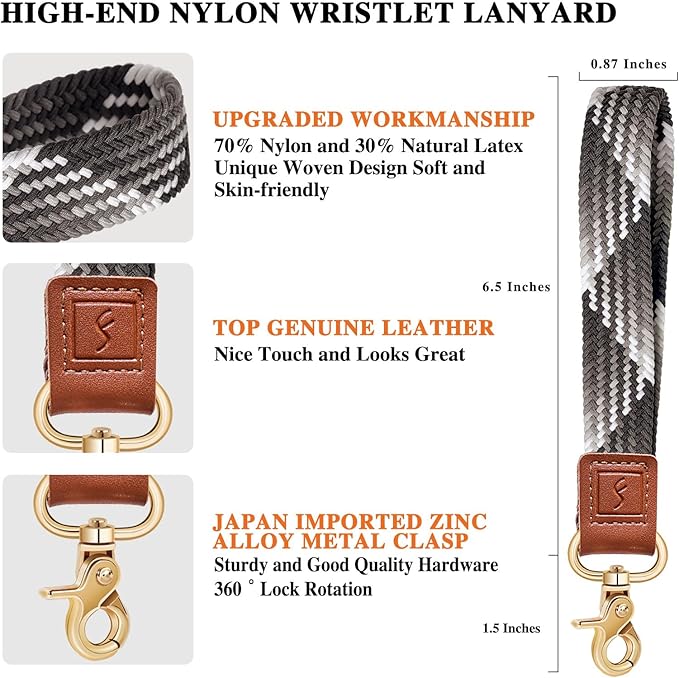 Fishent Stretchy Wristlet Keychain,Braided Cute Wrist Lanyards for Keys, Key Chain Holder for Women Men, Wrist Strap Keychain for Car Keys Phone Camera Wallet ID Badges Card (Chocolate)