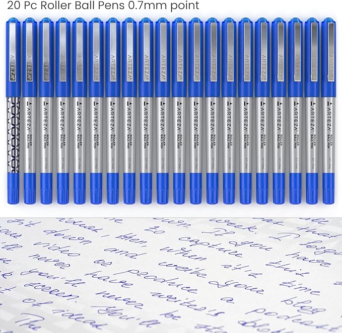 ARTEZA Rollerball Pens Pack of 20, 0.7mm Blue Liquid Ink Pens for Bullet Journaling Fine Point Rollerball