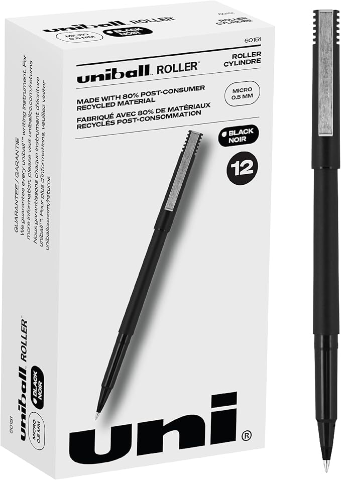 uni-ball Roller Rollerball Pens Fine Point Micro Tip, 0.5mm, Black, 12 Pack