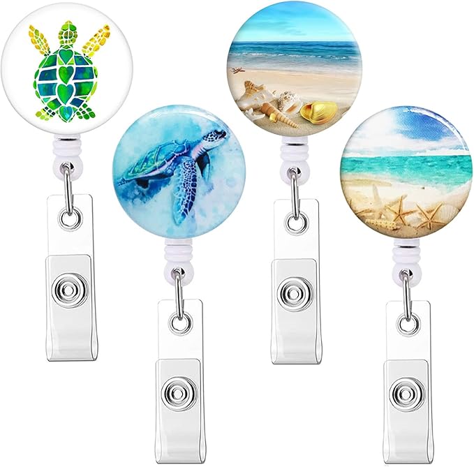 Retractable Badge Reel, Badge Holder with Alligator Clip, Cute Badge Clip on ID Name Card Holders for Nurse Doctor and Office (4Pack Turtle Beach)