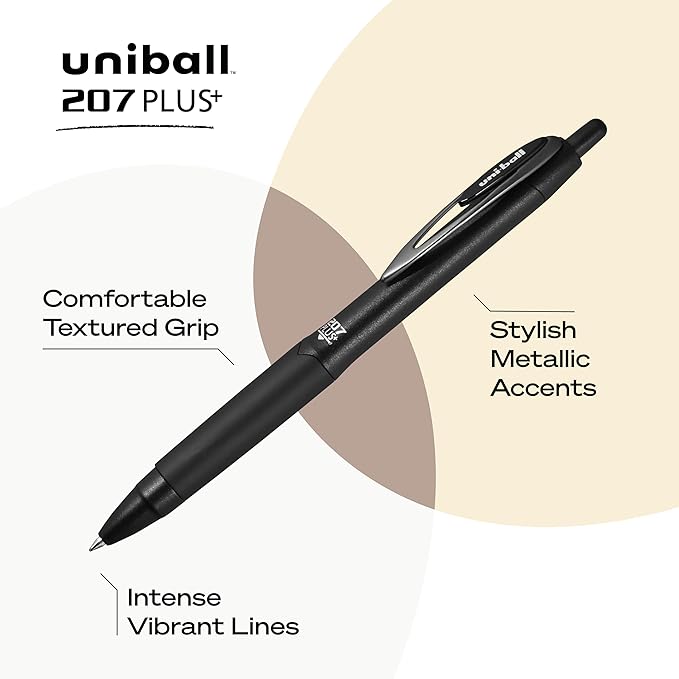 uniball 207 Plus+ Retractable Gel Pens, Medium Point, 0.7mm, Black Ink, 4/Pack (70460)