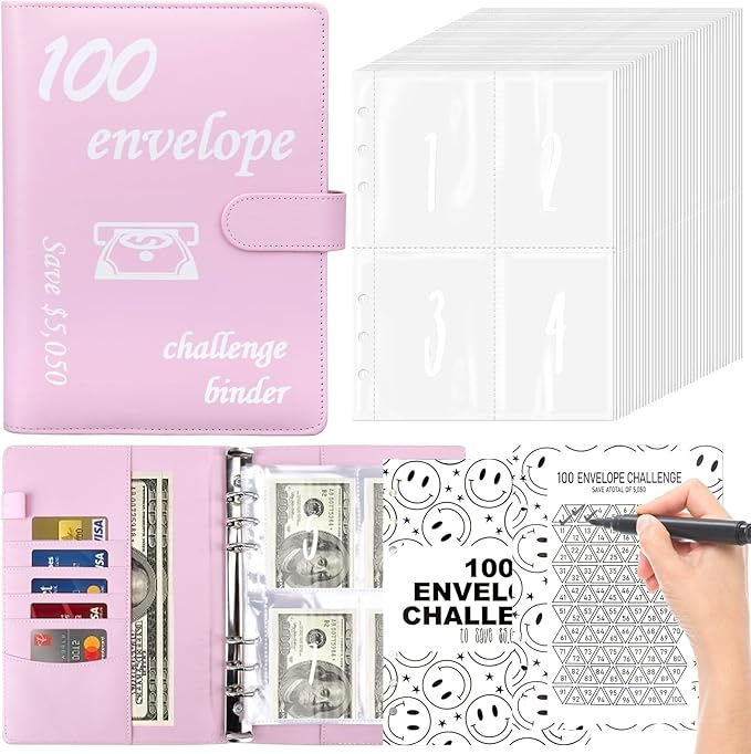 100 Envelopes Money Saving Challenge, Money Saving Binder to Save $5,050, Savings Challenges Book with Envelopes, Easy and Fun Way for Money Saving Challenge Book, 2 Reusable Trackers Included, Pink
