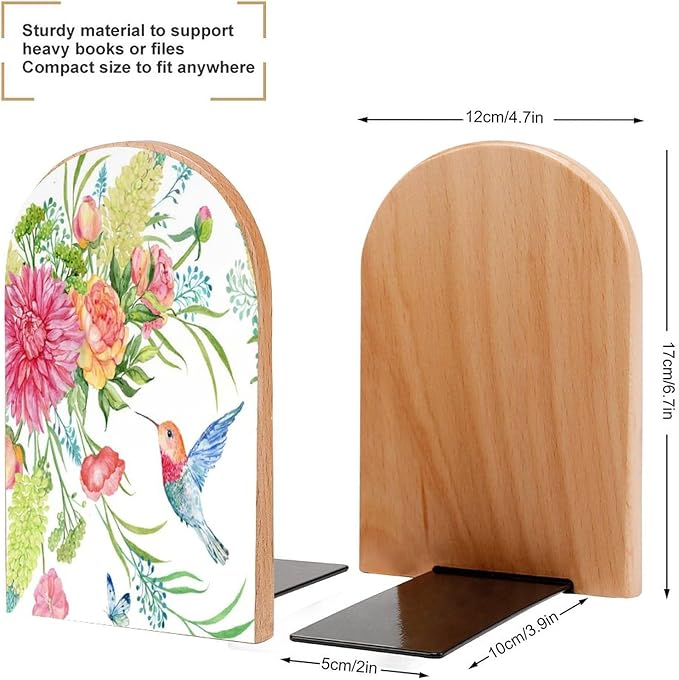 Hummingbird Butterfly Flowers Wooden Large Book Ends Bookends for Shelves, 2 Pack Non-Skid Bookends for Heave Books, Book Stoppers Holders for Kitchen Office Library, 6.7x4.7x3.9in