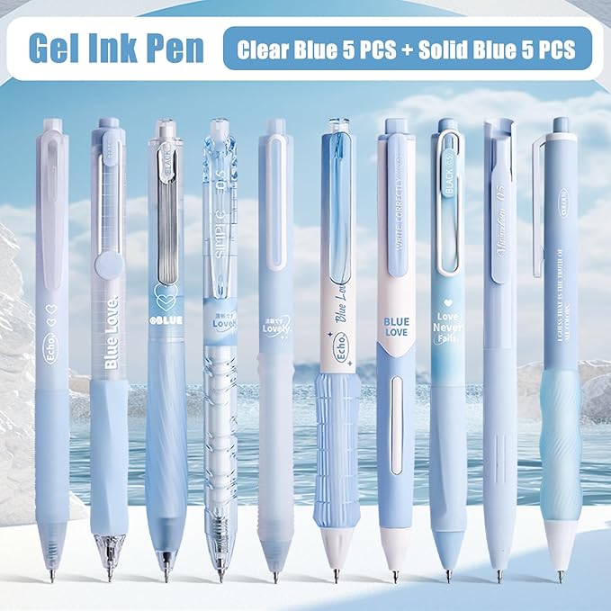 10 Count Pastel Gel Ink Pen Set,Cute Note Taking 0.5mm Fine Point Retractable 10 Count Black Ink Pens with for Writing, Journaling, School, Office (Blue)