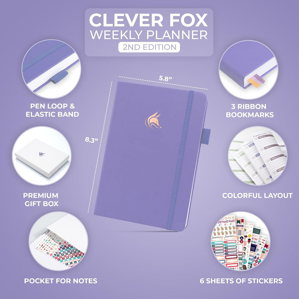Clever Fox Planner 2nd Edition – Colorful Weekly & Monthly Goal Planner, Time Management & Productivity Organizer, Undated, A5 (Lavender)