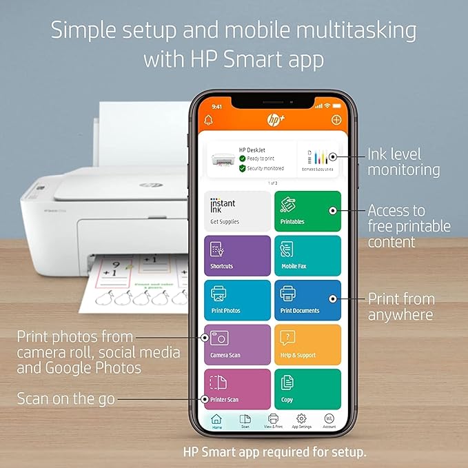 HP (Renewed) DeskJet 2752e Wireless All-in-One Instant Ink Ready Color Inkjet Printer, White - Print Scan Copy - Icon LCD Display, 1200 x 1200 dpi, WiFi, Bluetooth, USB