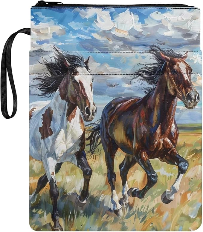 COEQINE Art Horse Book Cover with Zipper Portable Book Sleeves Book Lovers Gifts Book Cover with Pen Holder Washable Book Sleeve Book Cover Book Protector Horse
