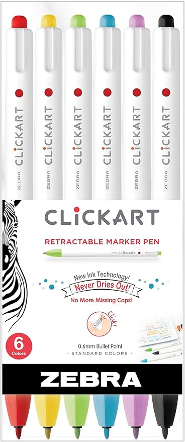 Zebra Pen Click Art Retractable Marker Pen, Fine Point, 0.6mm, Assorted Colors, 6 Pack