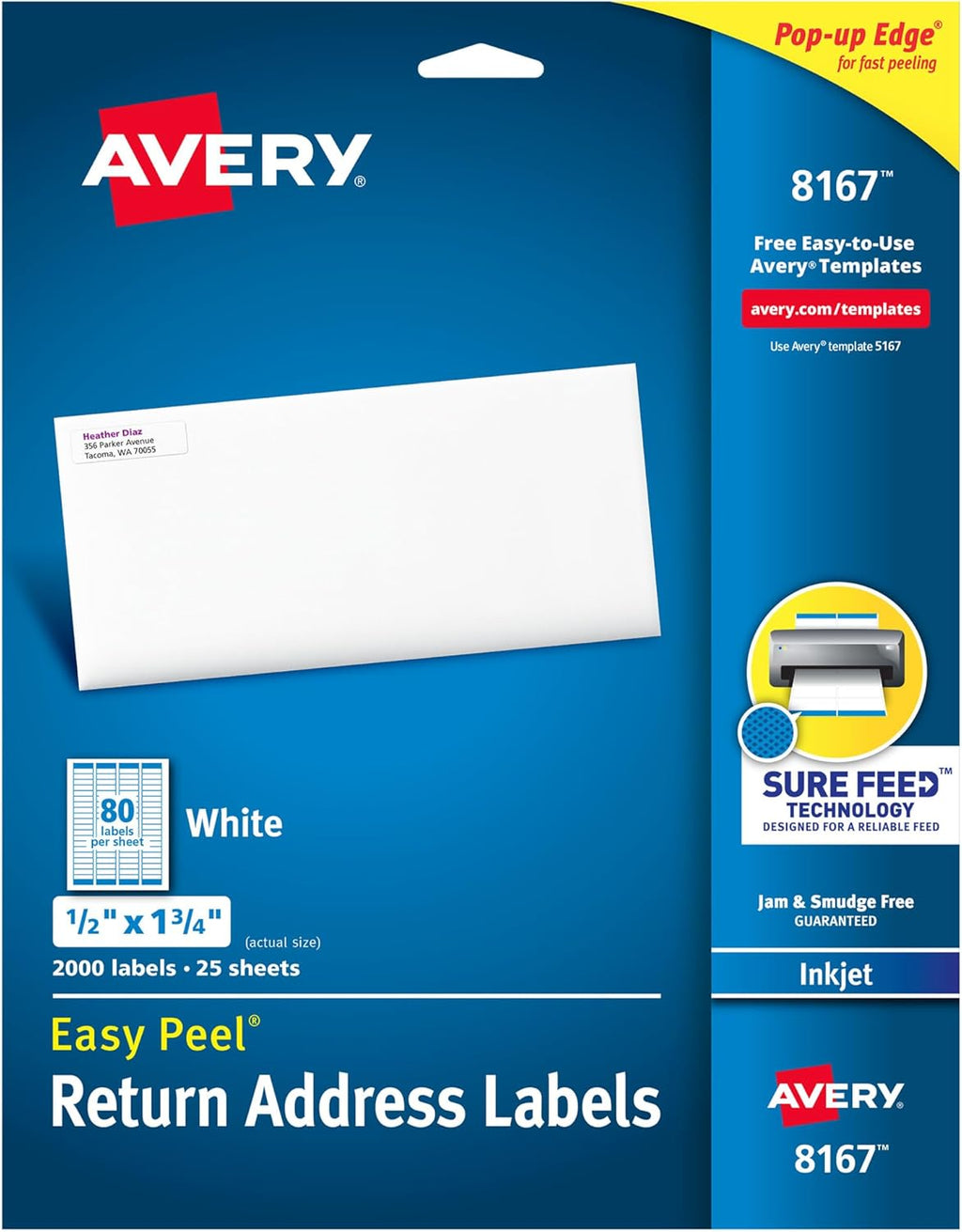 Avery Printable Return Address Labels with Sure Feed, 0.5" x 1.75", White, 2,000 Blank Mailing Labels (08167)