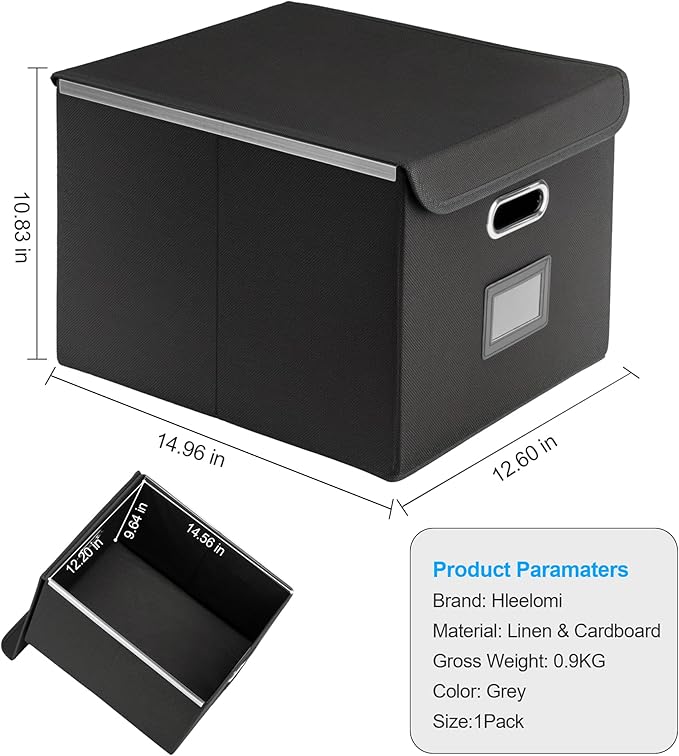 File Organizer Box with Lid, Collapsible File Folder with Plastic Slide for Office/Decor/Home, Hanging Office Document Storage, 14.9 6x 12.6 x 10.83 inch，1 pack - without folders，Black
