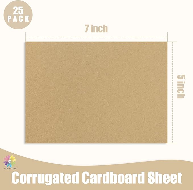 Mat Board Center, 25 pack 5x7 Brown Cardboard sheet, 1/8 inch thick, Flat Corrugated Cardboard Inserts for Packing, Shipping, Mailing, Cardboard Backing, Art Craft Card Board