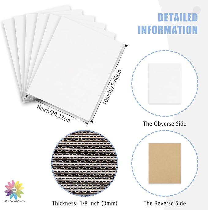 Mat Board Center, 25 pack 8x10 Corrugated Cardboard sheet, 1/8 inch thick, Flat Cardboard Inserts for Mailing, Packaging & Shipping, Cardboard Backing, Craft Card Board (White on one side)