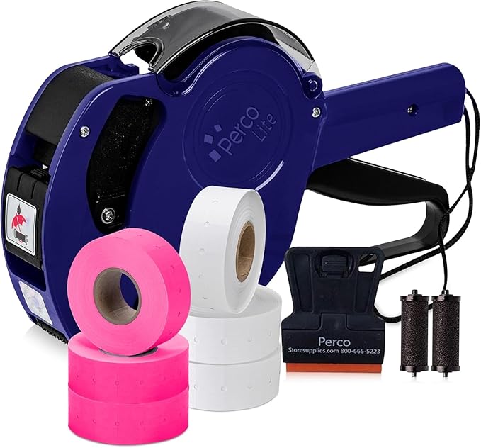 Perco Lite 1 Line Price Gun with Labels Kit - Includes 3 White Rolls, 3 Fluorescent Pink Rolls, 2 Ink Rollers, 1 Ink roll and Labels Pre-Loaded