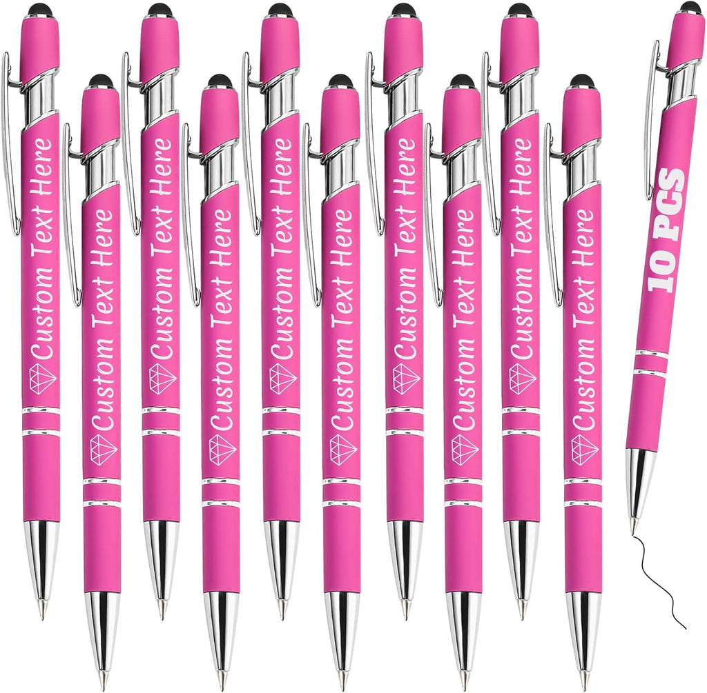 Personalized Pens Bulk 10 with Name Custom Engraving Ballpoint Pens with Stylus Tip Customized Smooth Writing Pens Personalized Gifts for Anniversary Birthday or Graduation(Pink,Black Ink)