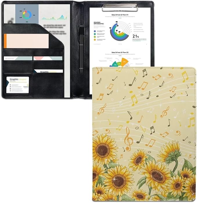 Cozeyat Sunflowers Padfolio for Women Musical Note Design PU Leather Portfolio Folder for Documents, File Folders Letter Size Portfolio Binder for Job Work Office