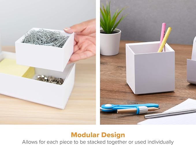 Bostitch Office Konnect Desk Organizer Accessory Tray & Storage Cup Bundle, Stacks for Desktop Storage, Makeup Organization, White