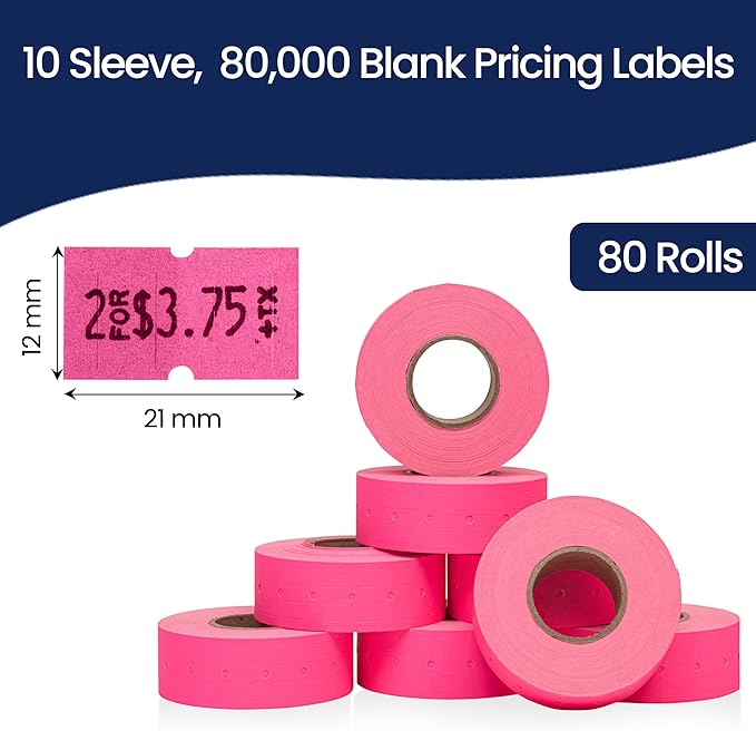Perco 1 Line Fluorescent Pink Labels - 80 Rolls, 10 Sleeves, 80,000 Blank Price and Date Gun Labels for Perco 1 Line Price and Date Guns - Made in USA