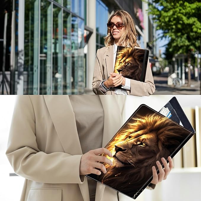 PU Leather Padfolio Clipboard Notepad with Pen Loop and Elastic Strap Interview/Resume Document Organizer for Business School Office,Lion with Lightning