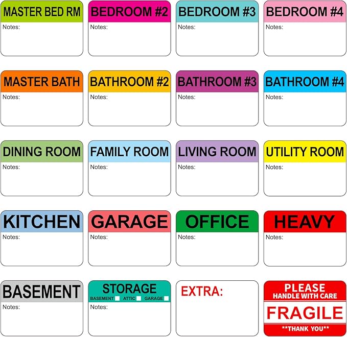 600 Count Home Moving Labels, 3 x 2 Large Labels for 3-4 Bedroom House with Writable Notes Areas, 17 Color Coded Moving Labels for Boxes + Fragile Moving Stickers + Heavy and Blank Labels
