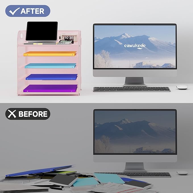 5 Tier Paper Organizer with Handle, Metal Mesh Desk Organizer File Folder Organizer Paper Letter Tray Desktop Document Sorter for Classroom, School, Office Organization and Storage - Pink