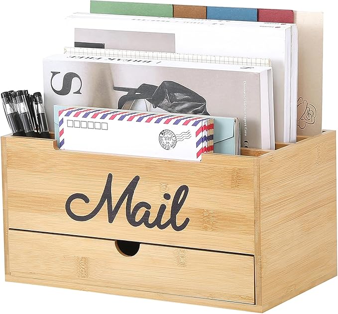 Qozary Mail Organizer Countertop - Adjustable Compartment Mail Letter Holder with Drawer, Bamboo Mail Sorter for Desk, Desktop File Organizer Holder, Desk Accessories Organizer for Home Office
