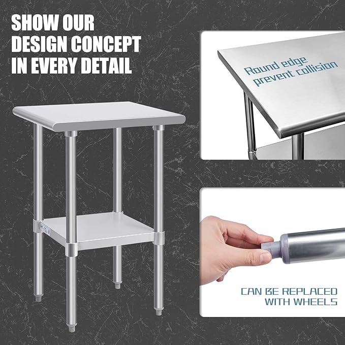 Hally Stainless Steel Table for Prep & Work 24 x 18 Inches, NSF Commercial Heavy Duty Table with Undershelf and Galvanized Legs for Restaurant, Home and Hotel