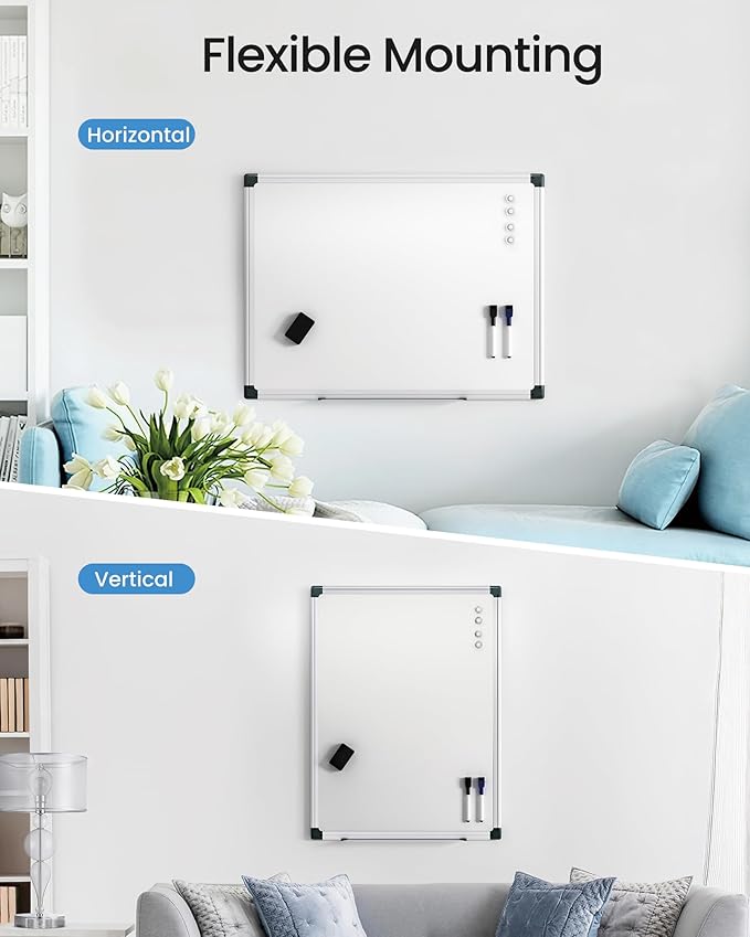 VUSIGN Magnetic White Board Kit for Wall 24" x 18", 1 Dry Eraser & 2 Multicolor Markers & 4 Magnetic Pins, Sliver Reinforced Aluminum Frame for Home, School, Office