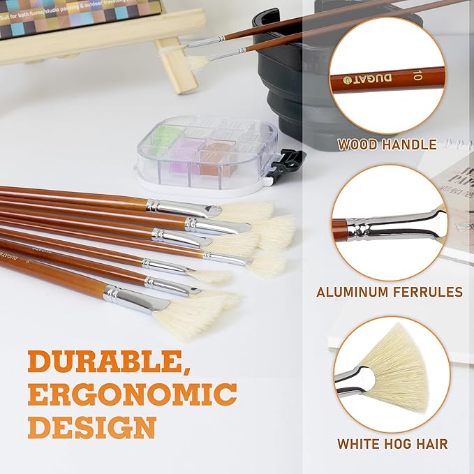 DUGATO Artist Fan Paint Brush Set of 9, White Hog Bristle Natural Hair Anti-Shedding Brush Tips, Long Wooden Handle for Comfortable Holding, Great for Acrylic Watercolor Oil Painting