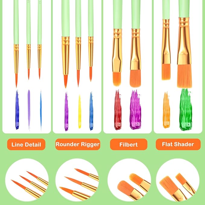 ESRICH Paint Brushes Set,20 Packs 200 Pcs Acrylic Paint Brush Set,St. Patrick's Party Acrylic Oil Watercolor, Face Nail Art, Miniature Detailing,Rock Painting,Painting Artist Professional Kits(Green)