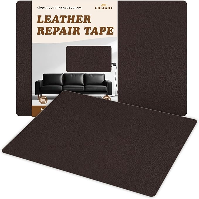 CHEIGHY 2pcs Leather Repair Kit, Self Adhesive Leather Repair Patch for Furniture 8.2X11 inch Vinyl Repair Kit for Couches Car Seats, Sofa, Office Chair, Belt, Jackets (Dark Coffee)