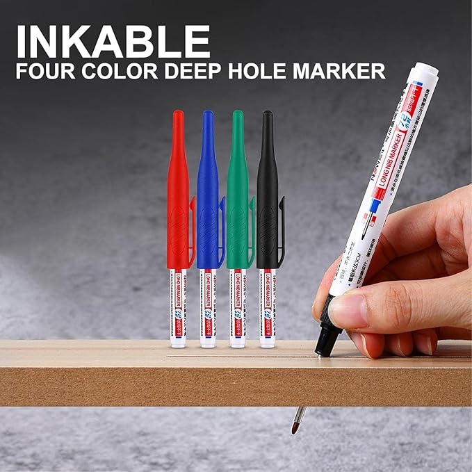 4 Pcs Multi Purpose Deep Hole Marker Pens,Long Nib Head Marker Waterproof Colorful Carpenter Pen for Bathroom Woodworking Decoration,Red Black Blue Green Ink Permanent Markers Marker Pens (Green)