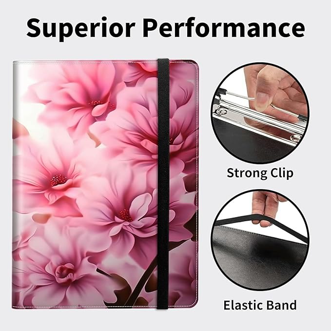 Padfolio Folder with Clipboard,Portfolios Organizer Clipboards with Storage Clipboard Writing Pad PU Leather Conference Document Organizer with Business Card Holder,Pink Flowers