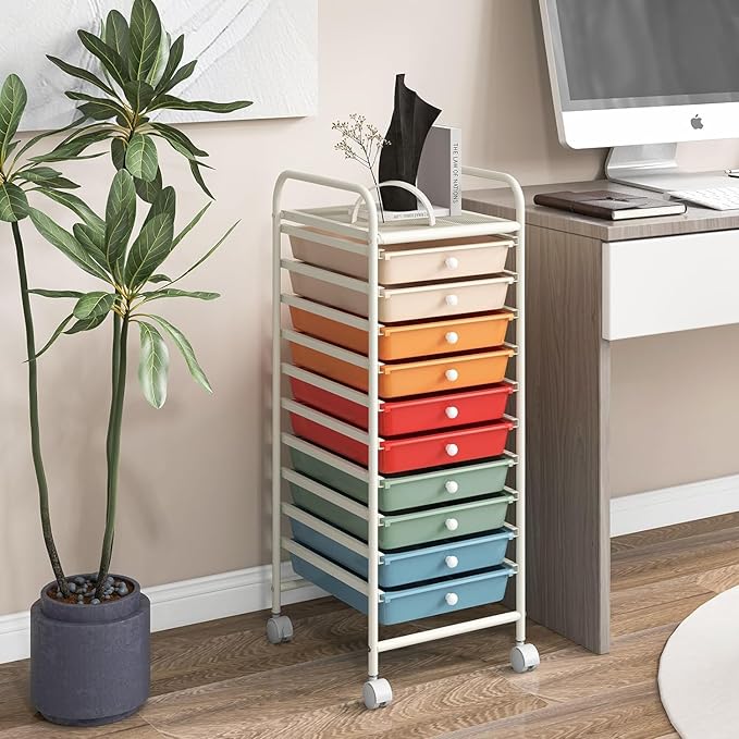 Storage Cart, Rolling Utility Cart with 10 Drawers, Portable Handles & Lockable Wheels, Mobile Paper Toys Storage Organizer Large Capacity for Home Office School Teacher (Macaron)