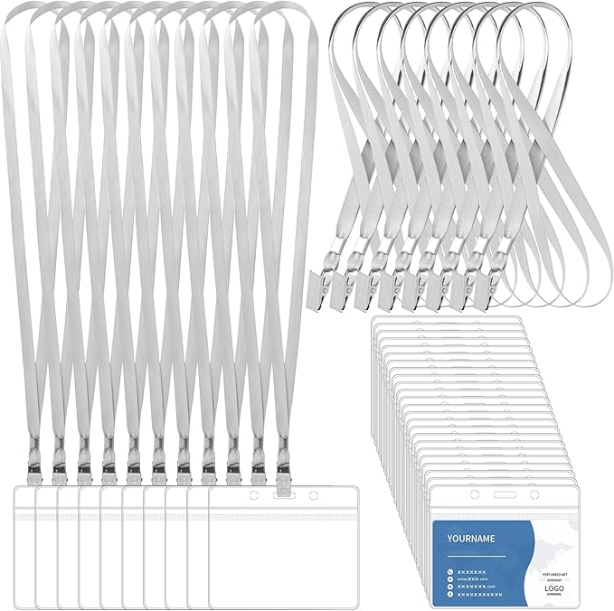 100 Pcs Lanyards for ID Badges and 100 Pcs Clear Name Tag Holders Reusable Lanyard with Clip Plastic ID Card Badge Holder Name Badges for Adults Kids Business School Office Supplies (Gray)