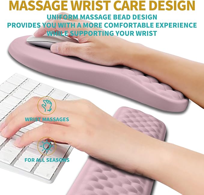 Hokafenle 2 in 1 Ergonomic Mouse Pad Wrist Support & Wrist Rest for Computer Keyboard Set, with Relieve Carpal Tunnel Pain Massage Bulge and Full Memory Gel Design (2In1 Set, Pink)