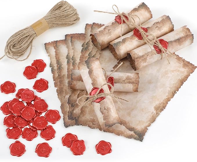 Vintage Writing Invitations Set Includes 100 Letter Antique Scroll Rustic Papers 100 Wax Seal Stickers 3 Strands of Twine for Valentines Mother Stationery Old Medieval Cardstock(5 x 7 Inch)