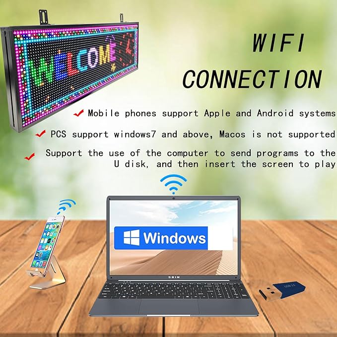 P10 Digital Scrolling Led Sign Board Programmable, Outdoor Waterproof Full Color High Brightness Wifi Control, for Business Store Restaurant Window 39''x14''