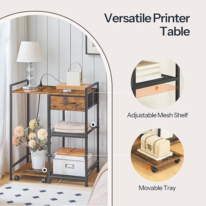 HOOBRO Printer Stand with Charging Station, Printer Shredder Stand with Fabric Drawer, Table for Fax Machine, Printer Storage Office Organizer, for Home Office, Rustic Brown and Black BF72UPS01