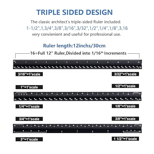 Architectural and Engineering Scale Ruler Set, Imperial Measurements 12'', Black Laser-Etched Aluminum Architect Triangular Ruler for Architects, Students, Draftsman, and Engineers