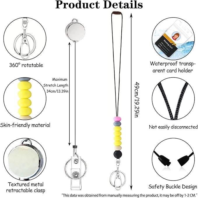 Colorful ID Badge Holder with Silicone Beads Lanyard Set,Cute Teacher Breakaway Lanyard for Keys & Keychain with Cute Retractable Badge Reel Holder,Gift for Women,Nurse, Teacher. (4 Yellow)