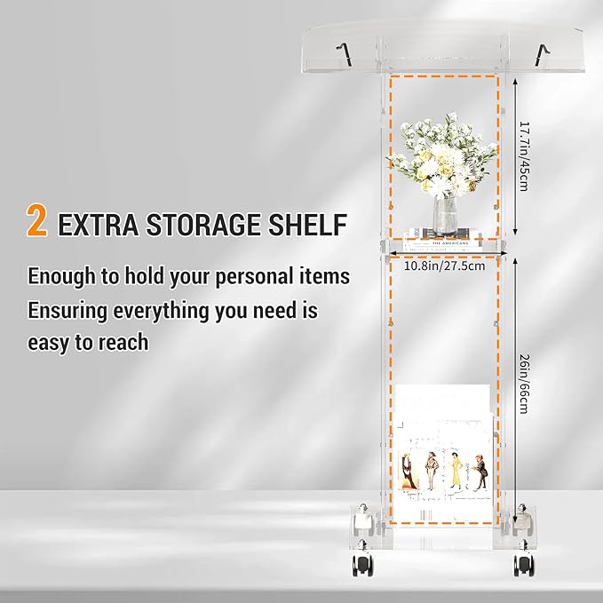 Acrylic Podium Stand，49“ Tall Portable Podium with Lockable Wheels, Clear lecterns & Podium with Storage Shelf for Classroom, Pulpit Podium for Church,Wedding,Presentation