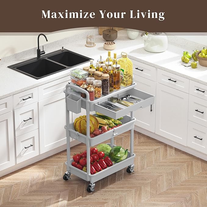 Rolling Utility Cart with Drawer 3 Tier, Utility Storage Organizer with Plastic Shelf & Lockable Wheels Multifunctional Storage Cart for Kitchen, Bathroom, Office, Living Room, Gray