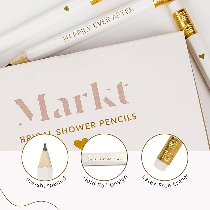 Markt Mini Pencils for Bridal Shower Games, Bridal Shower Pens, Heart Pencils, Small Pencil Set For Prizes, Game Winner Gifts (White)