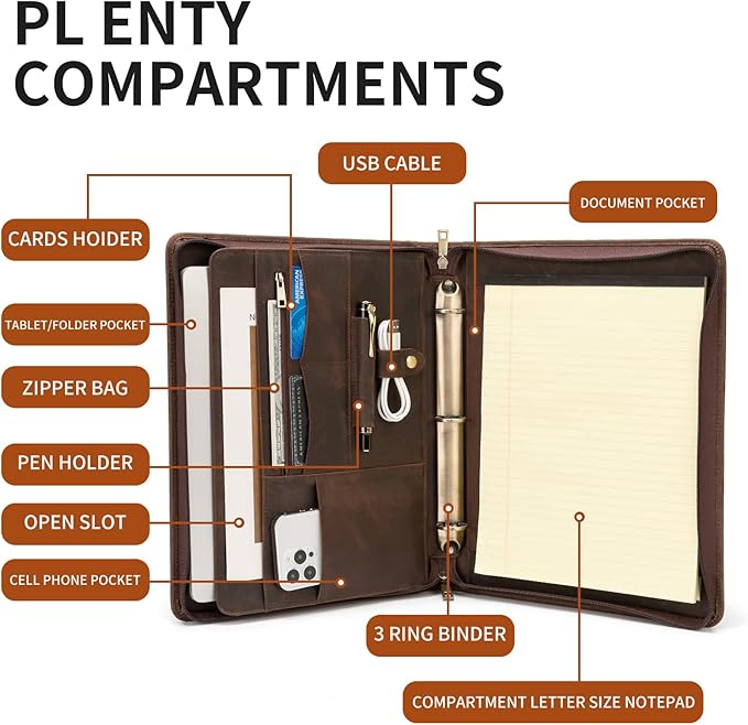 YIWEN Handmade Crazy-Horse Leather 3 Ring Binder Portfolio Padfolio Folder with Zipper for Men and Women, Business Organizer for Letter A4 Size for Meeting and Travel (Custom Engraved, Dark Khaki)