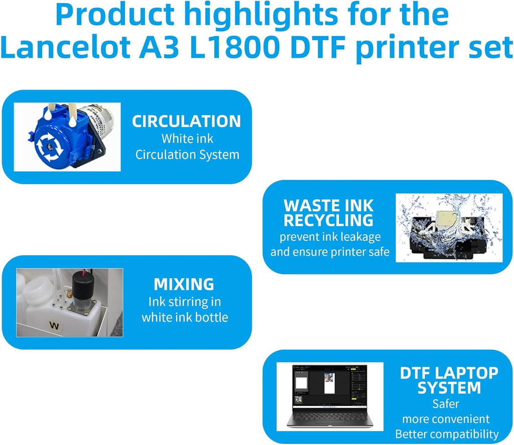Lancelot A3 l1800 DTF Transfer Printing Machine with Roll Feeder, White Ink Circulation and Easy Operation,DTF Printer Bundle for Dark and Light Clothing (Printer+Oven+Laptop+consumable)