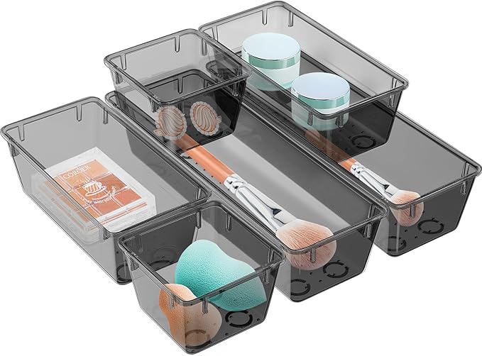 WOWBOX 12 Pack Clear Drawer Organizer Set, Acrylic Drawer Storage Trays, Storage Bins for Makeup, Cosmetics, Jewelries, Utensils, Gadgets, Office, Black