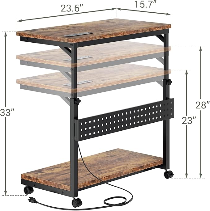 Computer Tower Stand with Power Strips, Height Adjustable PC Tower Stand/Cart with Wheels, Mobile Rolling CPU Holder, Computer Cart Side Stand for Computer Desk, 24", Rustic Brown