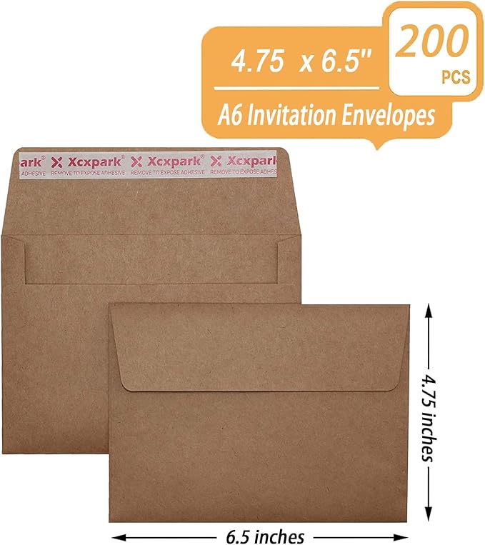 200 Qty Printable A6 Invitation Envelopes 4.75 x 6.5 Cards, Self Seal 120GSM Brown Paper Envelopes for Invitations, Papers, Photos, Documents, Wedding, Baby Shower, Easy to Seal and Peel
